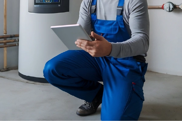 Monteur von GKV Haustechnik bei der Arbeit mit einem Tablet